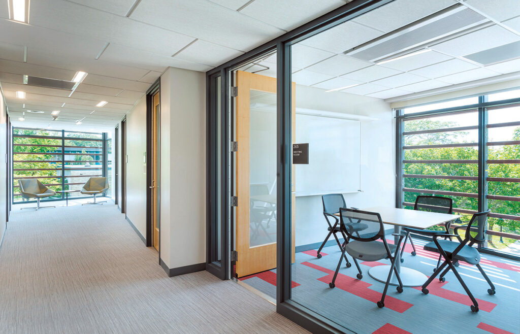 LIGHT THE WAY: Corridors in the faculty office suites open toward large-scale windows.