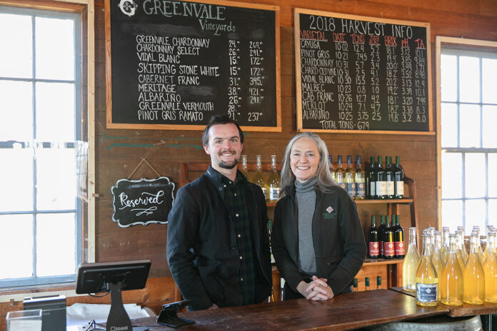 STEADY GROWTH: Nancy Parker Wilson, owner of Greenvale Vineyard in Portsmouth, with her son Bill Wilson, the operations manager. Parker Wilson says the vineyard has seen steady growth in its seasonal tasting and events business, a function of increasing interest in agritourism and the “eat local” movement. / PBN PHOTO/TRACY JENKINS STEADY GROWTH: Nancy Parker Wilson, owner of Greenvale Vineyard in Portsmouth, with her son Bill Wilson, the operations manager. Parker Wilson says the vineyard has seen steady growth in its seasonal tasting and events business, a function of increasing interest in agritourism and the “eat local” movement. / PBN PHOTO/TRACY JENKINS
