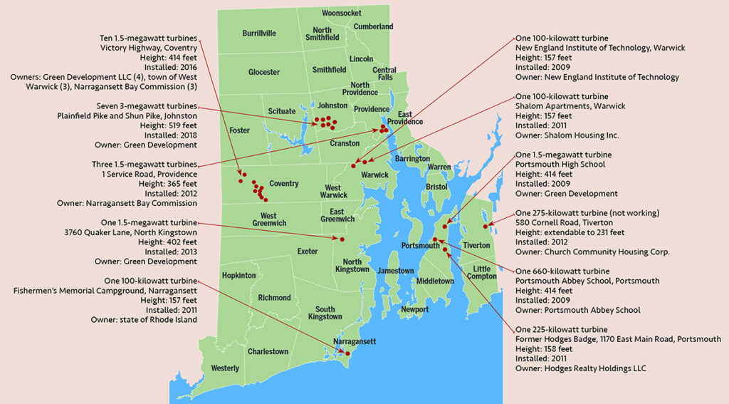 RHODE ISLAND’S LAND WIND TURBINES
SOURCES: R.I. OFFICE OF ENERGY RESOURCES AND MUNICIPAL RECORDS
PBN GRAPHIC/ANNE EWING
Note: Locations of turbines on map are approximate.