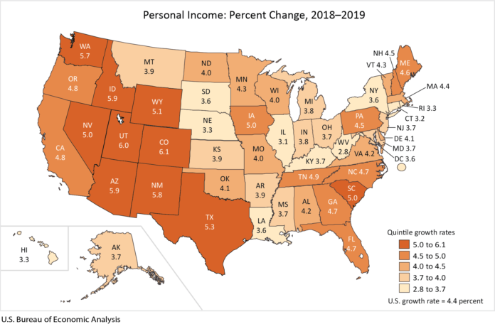 RHODE ISLAND personal income increaed 3.3% year over year in the fourth quarter. / COURTESY BUREAU OF ECONOMIC ANALYSIS
