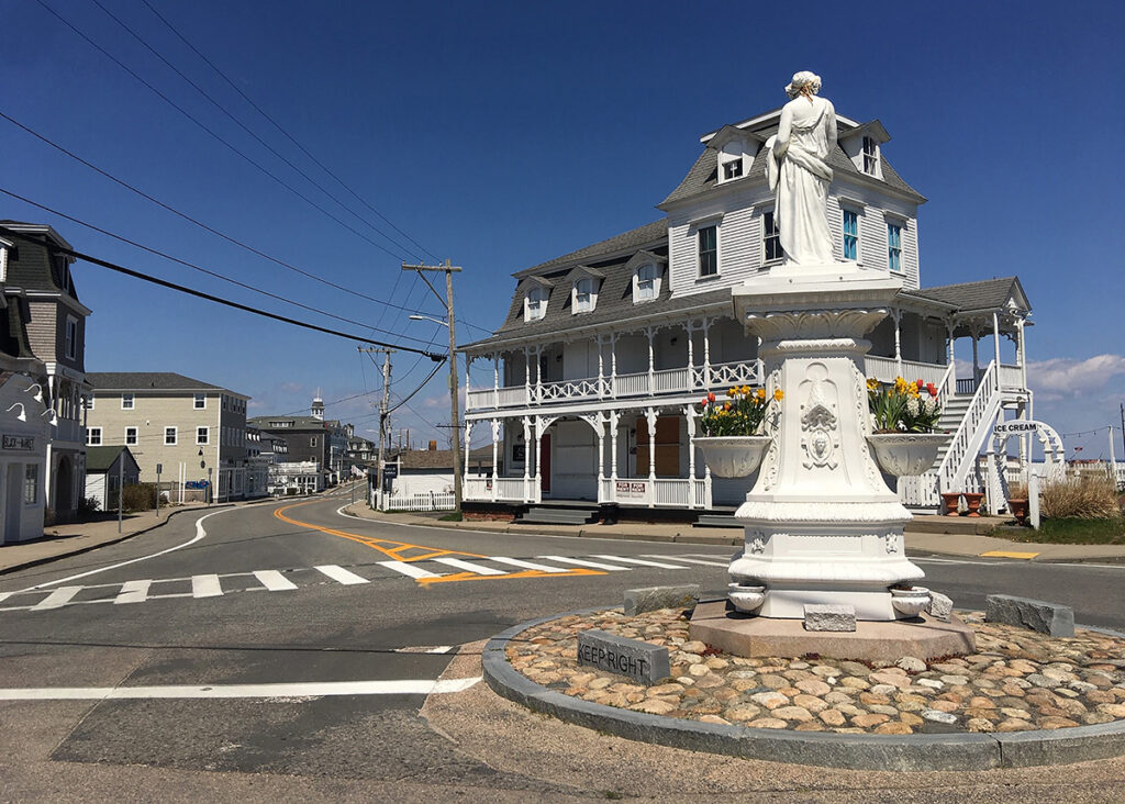 NOTHING DOING: The Statue of Rebecca overlooks the intersection of Water, High and Spring streets in Block Island’s Old Harbor, normally one of the busiest areas on the island. / PBN PHOTO/KARI CURTIS