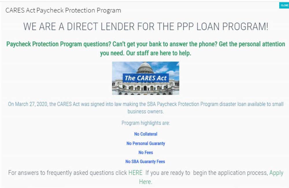 A SCREENSHOT of the website of a West Warwick-based company Ponte Investments LLC, which was charged by the FTC with allegedly falsely claiming to be an SBA lender and soliciting loan applications for the SBA's Paycheck Protection Program, of which it is not an authorized lender. ./ COURTESY FEDERAL TRADE COMMISSION