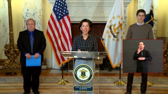 sundaybriefing GOV. GINA M. RAIMONDO at a daily COVID-19 news briefing at the State House last week. / COURTESY CAPITOL TV