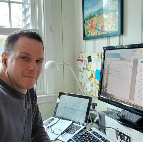 SHAWN MARTIN, who oversees Fuss & O’Neill’s Providence office, works remotely from his home office during the coronavirus pandemic. / COURTESY SHAWN MARTIN
