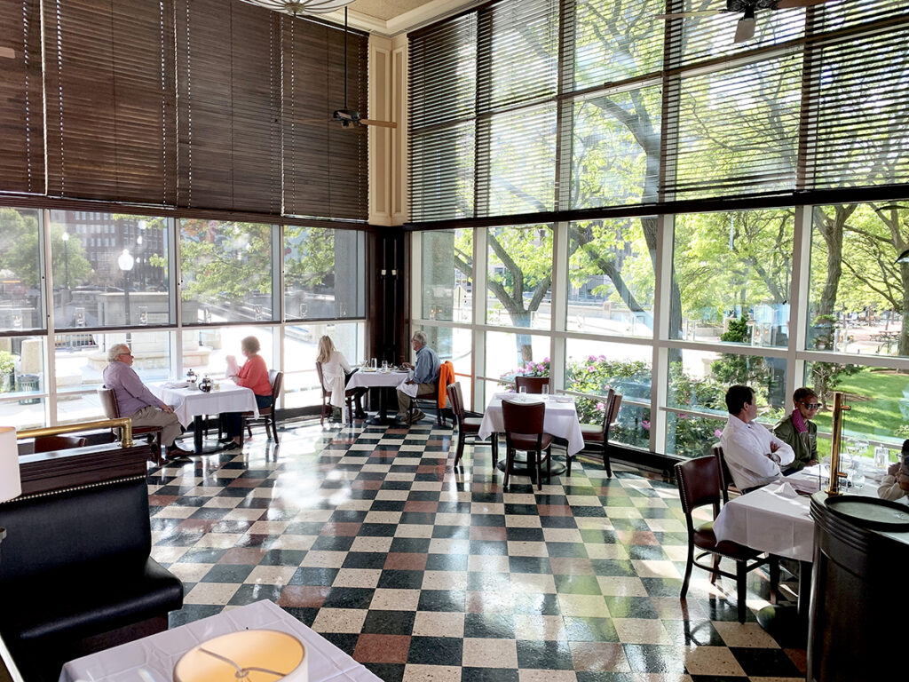 SEPARATED: Rhode Island restaurants offering interior dining must limit capacity to 50% and space tables at least 8 feet apart, in accordance with state Phase II reopening guidelines, as shown here at Hemenway’s in Providence. / COURTESY NEWPORT RESTAURANT GROUP