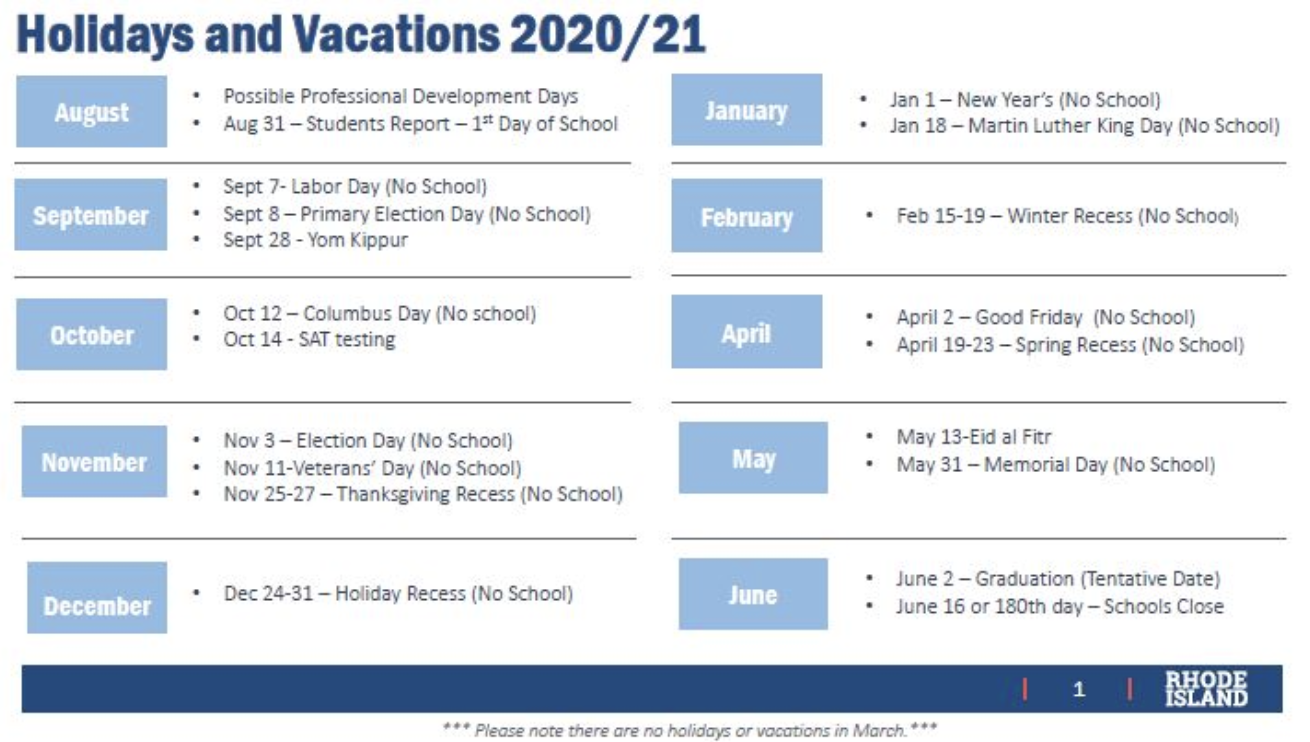RHODE ISLAND public schools' schedule for the upcoming school year. / COURTESY STATE OF RHODE ISLAND