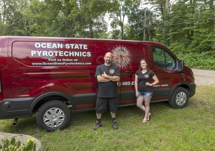 RISK AVERSE: John Ruggieri, owner of Ocean State PyroTechnics Inc. in Hopkinton, with Juliana Lima, director of operations. Ruggieri says the business has attained an “impeccable” safety record in its 17 years of operation due to strict rules imposed on top of federal and state regulations. / PBN PHOTO/MICHAEL SALERNO RISK AVERSE: John Ruggieri, owner of Ocean State PyroTechnics Inc. in Hopkinton, with Juliana Lima, director of operations. Ruggieri says the business has attained an “impeccable” safety record in its 17 years of operation due to strict rules imposed on top of federal and state regulations. / PBN PHOTO/MICHAEL SALERNO