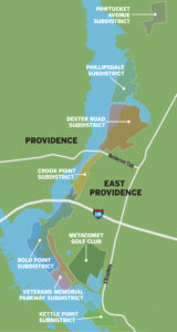 The East Providence Waterfront Commission, established by the General Assembly in 2003, oversees eight subdistricts, totaling about 300 acres. If the City Council agrees, the Metacomet Golf Club will become a ninth subdistrict. Shown here are seven of the subdistricts. Not shown is the Taunton Avenue subdistrict. / PBN GRAPHIC/ ANNE EWING SOURCE: EAST  PROVIDENCE  WATERFRONT  COMMISSION 