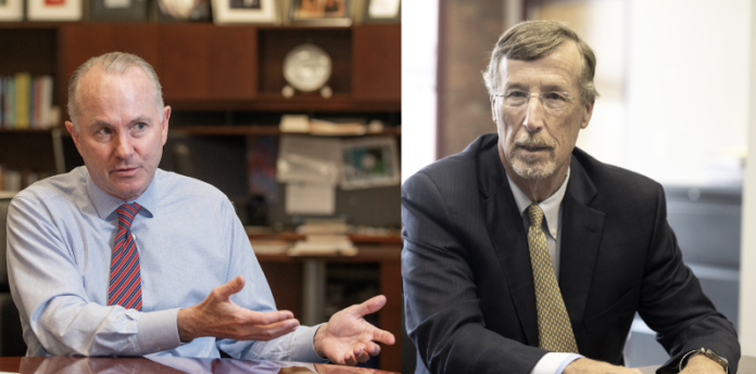 AFTER A 90-day exploratory period this summer, the leaders of Lifespan and Care New England have announced that they will move to the next step in their affiliation process. Above, on left, Lifespan CEO Timothy J. Babineau and Dr. James E. Fanale, president and CEO of Care New England. / PBN FILE PHOTOS/ DAVE HANSEN/MICHAEL SALERNO AFTER A 90-day exploratory period this summer, the leaders of Lifespan and Care New England have announced that they will move to the next step in their affiliation process. Above, on left, Lifespan CEO Timothy J. Babineau and Dr. James E. Fanale, president and CEO of Care New England. / PBN FILE PHOTOS/ DAVE HANSEN/MICHAEL SALERNO
