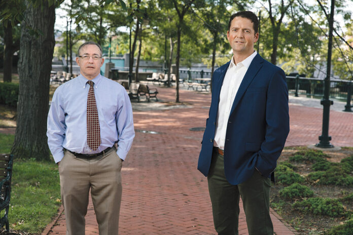WALK IN THE PARK: Textron Inc. executive counsel Jamieson Schiff and Textron Director of Site Remediation and Sustainability Gregory Simpson helped revive Providence’s Mashapaug Park in the city’s Reservoir /  PBN PHOTO/RUPERT WHITELEY