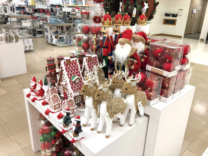 ’TIS THE SEASON: Holiday knick-knacks are displayed at a Macy’s department store on Oct. 1 in Denver. Stores are trying to attract earlier holiday shoppers as a way to reduce crowding during the COVID-19 ­pandemic.  / AP PHOTO/DAVID ZALUBOWSKI