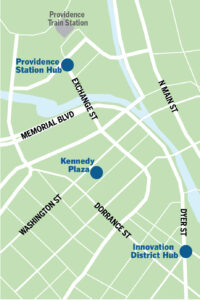 The Providence Multi-Hub Bus System from the R.I. Department of Transportation would divide the central bus hub at Kennedy Plaza across three locations. About a quarter of current bus routes would still end at Kennedy Plaza, while almost half would end at a new hub at the gateway to the I-195 Redevelopment District on Dyer Street. The final quarter of routes would be redirected to a new hub at the Providence Station.  SOURCE: R.I. DEPARTMENT OF TRANSPORTATION PBN GRAPHIC/ANNE EWING