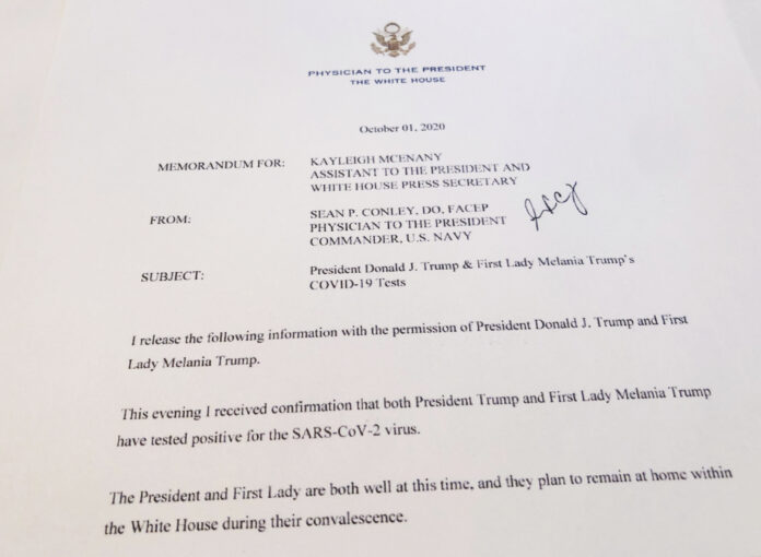 PRESIDENT DOANLD TRUMP said early Friday that he and first lady Melania Trump have tested positive for the coronavirus. / AP FILE PHOTO/WAYNE PARTLOW
