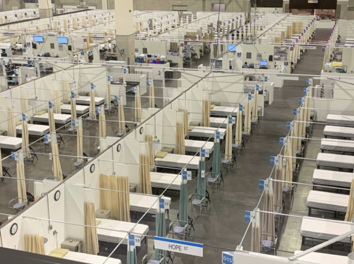 THE FIELD HOSPITAL at the R.I. Convention Center is set to admit its first COVID-19 patient on Dec. 1. / COURTESY WJAR-TV NBC 10 POOL CAMERA