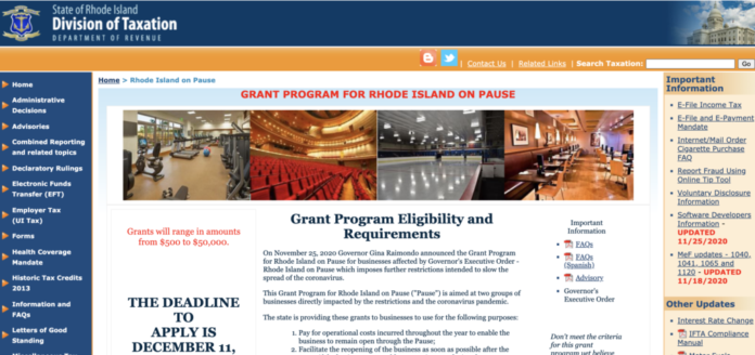 THE R.I. DIVISION OF TAXATION has modified the application for grants through the Grant Program for Rhode Island on Pause to allow certain businesses to report gross, rather than net taxable, income Above, a screenshot of the grant program's landing page hosted by the R.I. Division of Taxation.