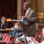 BUDGET TALK: Rep. Marvin L. Abney, D-Newport, chairman of the House Finance Committee, speaks during discussions before a full House vote last month on the $12.75 billion 2020-2021 state budget. House Speaker K. Joseph Shekarchi has said Abney will continue as finance chairman in the 2021 session. / PBN PHOTO/MICHAEL SALERNO