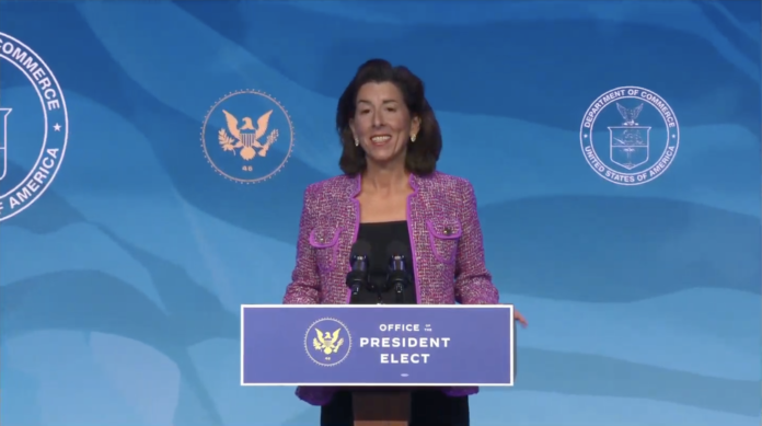 GOV. GINA M. RAIMONDO is introduced as President Joe Biden's commerce secretary nominee in a screenshot of the event earlier this month. GOV. GINA M. RAIMONDO is introduced as President Joe Biden's commerce secretary nominee in a screenshot of the event earlier this month.