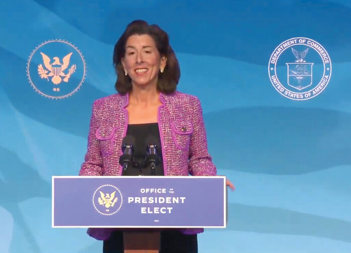 RADIO SILENCE: Gov. Gina M. Raimondo speaks in Delaware on Jan. 8 to accept her nomination as United States secretary of commerce. She’s spoken publicly in Rhode Island once since Dec. 22 and has not taken questions from the media since then. / SCREENSHOT OF BIDEN CABINET NOMINATONS ANNOUNCEMENT