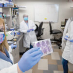 PRODUCT TEST: Amanda Jamieson, left, assistant professor of molecular microbiology and immunology at Brown University, holds plaque assays of GC Ink, a graphene ink developed by Graphene Composites USA Inc. that is believed to kill viruses when applied to surfaces. Brown researchers, including Delia Demers, center, and Meredith Crane, are testing the product thanks to a grant GC received from the R.I. Commerce Corp.’s Innovation Voucher Program. / COURTESY GREG SERPA  