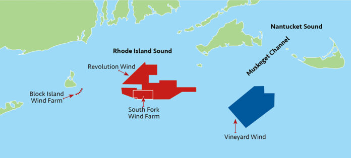 THE REVOLUTION WIND, South Fork Wind Farm and Vineyard Wind offshore wind projects in waters off the coast of southern New England are all currently in various stages of the permitting process. / SOURCE: R.I. DEPARTMENT OF ENVIRONMENTAL MANAGEMENT / PBN FILE GRAPHIC/ANNE EWING