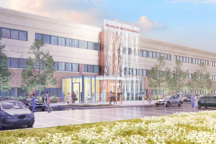A RENDERING SHOWS the new entrance for the New England Institute of Technology's new College of Health Sciences, which was launched Tuesday. / COURTESY NEW ENGLAND INSTITUTE OF TECHNOLOGY