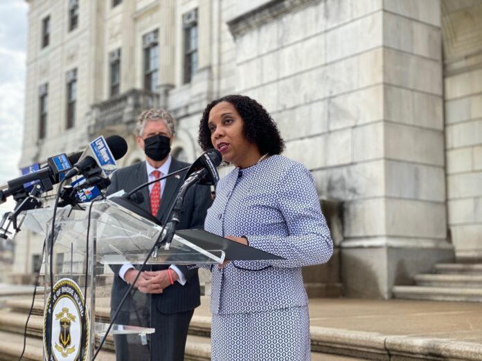 LT. GOV. SABINA MATOS, the former Providence City Council president, speaks after being nominated lieutenant governor by Gov. Daniel J. McKee on March 31. / COURTESY R.I. OFFICE OF THE GOVERNOR/ JONATHAN BISSONNETTE