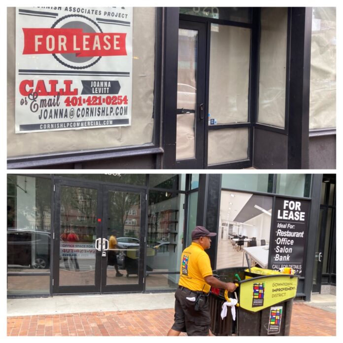 Vacant storefronts collage COMMERCIAL PROPERTIES ON WESTMINSTER and Weybosset streets in downtown Providence remained empty during the summer of 2021. Vacancies at several downtown properties have been prolonged and, in at least one case, prompted by the pandemic, as a result of work stoppages and shutdowns, according to several downtown real estate investors. PBN PHOTO/MARC LAROCQUE