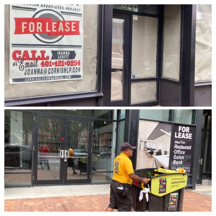 COMMERCIAL PROPERTIES ON WESTMINSTER and Weybosset streets in downtown Providence remained empty during the summer of 2021. Vacancies at several downtown properties have been prolonged and, in at least one case, prompted by the pandemic, as a result of work stoppages and shutdowns, according to several downtown real estate investors. PBN PHOTO/MARC LAROCQUE