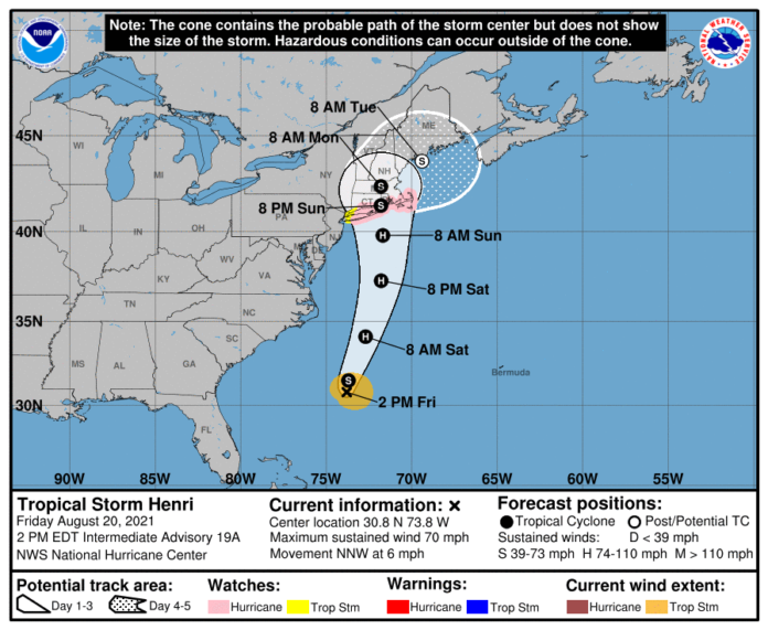 TROPICAL STORM HENRI is forecast to arrive in New England on Aug. 22 and has the potential to become a hurricane. / COURTESY NATIONAL WEATHER SERVICE