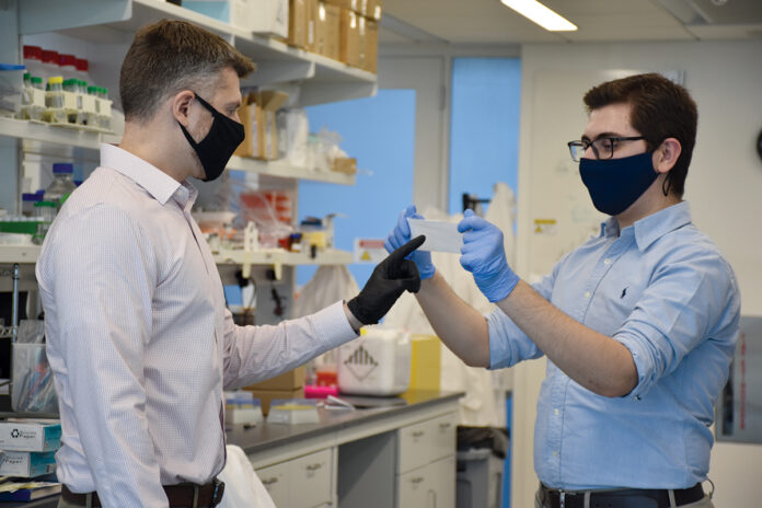 THE HEALING TOUCH: University of Rhode Island assistant professor Daniel Roxbury, left, and former URI graduate student Mohammad Moein Safaee display the “smart bandage” they spent two years developing. / COURTESY UNIVERSITY OF RHODE ISLAND