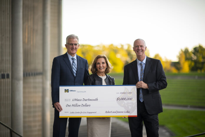 FROM LEFT, Robert and Jean Leduc have provided the University of Massachusetts Dartmouth a $1 million gift to continue their support for the Leduc Center for Civic Engagement. Also pictured, at right, is UMass Dartmouth Chancellor Mark Fuller. / COURTERSY UNIVERSITY OF MASSACHUSETTS DARTMOUTH