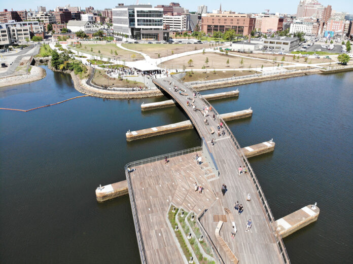 EVOLVING DISTRICT: The $20 million Providence River Pedestrian Bridge completed in 2019 is part of the changing landscape in the I-195 Redevelopment District. / PBN FILE PHOTO/ARTISTIC IMAGES