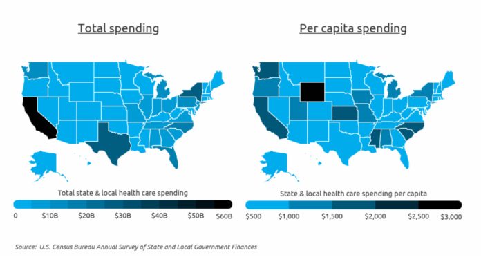 STATE AND LOCAL GOVERNMENTS in Rhode Island spend the third least on health care of of any U.S. state on a per capita basis, according to a newly released study by Self Financial Inc., a financial technology company. / COURTESY SELF FINANCIAL INC. STATE AND LOCAL GOVERNMENTS in Rhode Island spend the third least on health care of of any U.S. state on a per capita basis, according to a newly released study by Self Financial Inc., a financial technology company. / COURTESY SELF FINANCIAL INC.