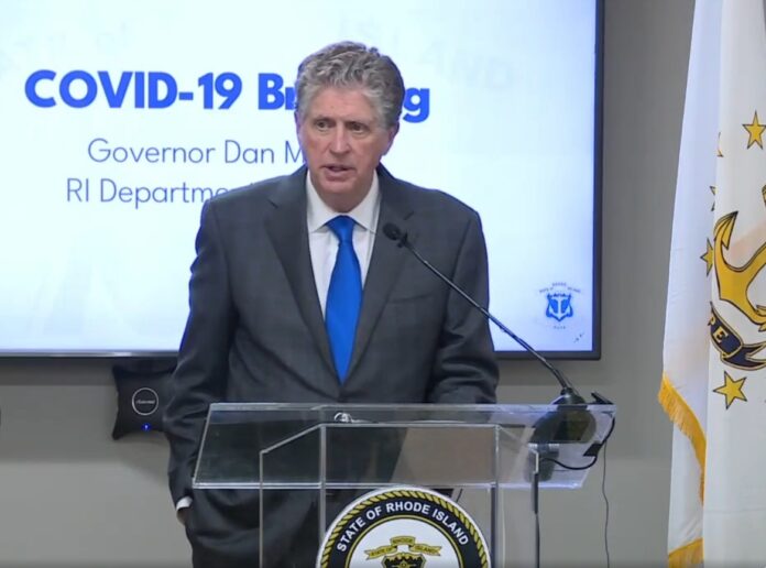 GOV. DANIEL J. MCKEE held a COVID-19 press conference on Tuesday, Feb. 1, 2022, discussing his plans to send 30 R.I. National Guard members to assist 10 local hospitals amid a staffing crisis. / SCREENSHOT FROM WPRI GOV. DANIEL J. MCKEE held a COVID-19 press conference on Tuesday, Feb. 1, 2022, discussing his plans to send 30 R.I. National Guard members to assist 10 local hospitals amid a staffing crisis. / SCREENSHOT FROM WPRI