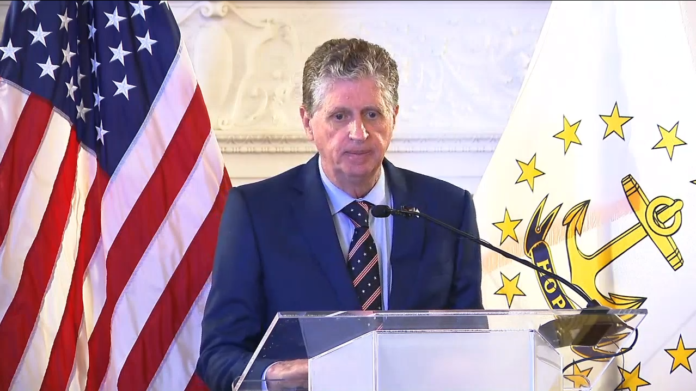 GOV. DANIEL J. MCKEE announced new COVID-19 data protocols that are being adopted by the state and new isolation policies for child care facilities in the state during his press conference on March 4. / SCREENSHOT FROM WPRI-TV CBS 12