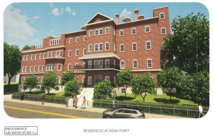 THE FORMER TOCKWOTTON HOME in the Fox Point neighborhood of Providence at 180 George M. Cohan Blvd., as shown in the above rendering, will be redeveloped into a 71-unit apartment building as part of a proposal submitted to the Providence Zoning Board of Review. / RENDERING COURTESY PROVIDENCE ZONING BOARD OF REVIEW