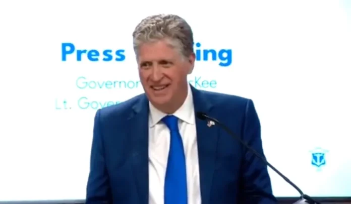 GOV. DANIEL J. MCKEE has decided to participate in the Rhode Island Public Expenditure Council's gubernatorial forum on Thursday, after committing to it earlier this year then dropping out. / SCREENSHOT COURTESY WJAR-TV