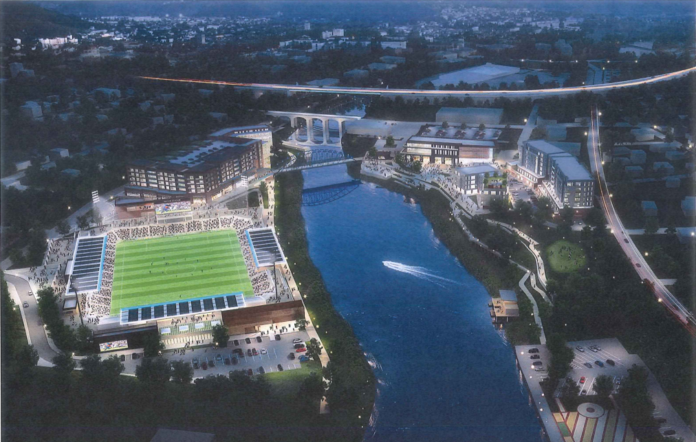 A $40 MILLION INCREASE in the expected cost to build the first phase of the Tidewater Landing project in Pawtucket has project partners proposing changes to their financing plan, which is slated to be discussed by the R.I. Commerce Corp. Investment Committee on Tuesday. / COURTESY FORTUITOUS PARTNERS