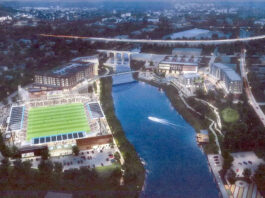 THE ESTIMATED COST of the Tidewater Landing project has increased from $284 million to $344 million, and Pawtucket Mayor Donald R. Grebien and the developer are looking for the state to rework a tax increment financing deal to help make up the gap. / COURTESY FORTUITOUS PARTNERS