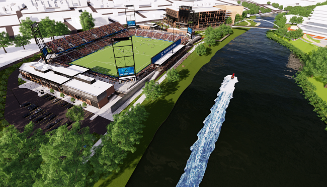 RI COMMERCE CORP. on Monday narrowly approved a reworked public financing plan for the Tidewater Landing project in Pawtucket. Pictured is a rendering of the soccer stadium anchoring the project. / COURTESY FORTUITOUS PARTNERS