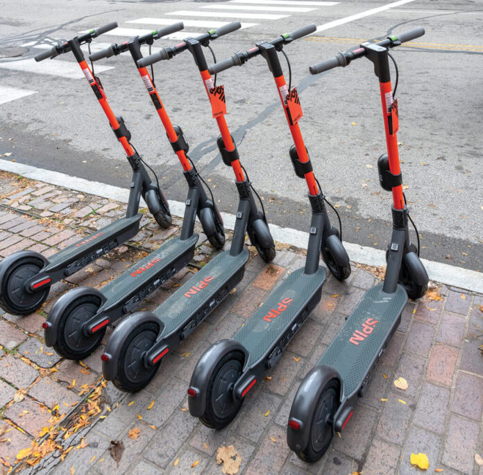 THE CITY OF PROVIDENCE is poised to double the number of rentable electric bicycles and scooters on the street by September under contracts signed with existing operator Spin as well as new vendors VeoRide Inc. and Bird Rides Inc. PBN PHOTO/MICHAEL SALERNO