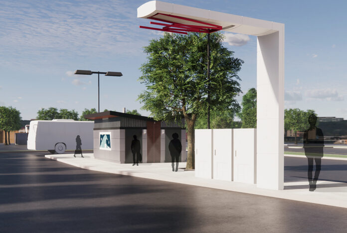 EASY CHARGE: A rendering provided by the R.I. Public Transit Authority shows one of the overhead systems that will enable bus drivers to pull up and charge the bus for five to nine minutes through a connection on the roof. There will be overhead connectors for multiple buses at a $6.7 million charging station to be constructed in Cranston.  COURTESY R.I. PUBLIC TRANSIT AUTHORITY