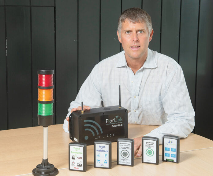 A PERFECT LINK: FlorLink Inc. CEO Mark Barnes poses with the company’s SmartHub system, a platform that collects, connects and routes live data and information.
PBN PHOTO/DAVID HANSEN A PERFECT LINK: FlorLink Inc. CEO Mark Barnes poses with the company’s SmartHub system, a platform that collects, connects and routes live data and information.
PBN PHOTO/DAVID HANSEN