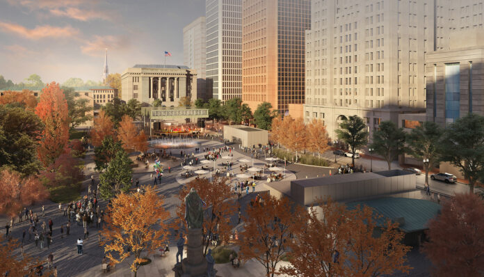 THE SINGLE proposal in response to a city solicitation for a food and drink pavilion and outdoor space in Kennedy Plaza features a fast-casual rotisserie chicken restaurant by the Dune Brothers owners. Pictured is a rendering of the area including the outdoor event and seating area. /COURTESY ARUP GROUP