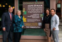 HOPE & MAIN in 2023 will open a new Downtown Makers Marketplace at 100 Westminster St. in Providence. Pictured, from left, are Joseph R. Paolino Jr., Paolino Properties LP managing partner; Barbara Papitto, The Papitto Opportunity Connection founder; Lisa Raiola, Hope & Main founder and president; and Tony Lopez, owner of Schasteâ. / COURTESY HOPE & MAIN