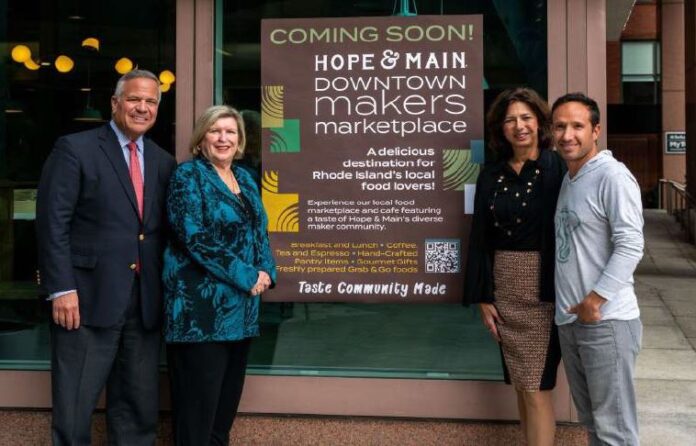 HOPE & MAIN in 2023 will open a new Downtown Makers Marketplace at 100 Westminster St. in Providence. Pictured, from left, are Joseph R. Paolino Jr., Paolino Properties LP managing partner; Barbara Papitto, The Papitto Opportunity Connection founder; Lisa Raiola, Hope & Main founder and president; and Tony Lopez, owner of Schasteâ. / COURTESY HOPE & MAIN