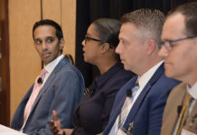 PBN health care panel: Plenty of obstacles to getting access to care CHALLENGES REMAIN: Melissa Husband, second from left, chief of staff at Neighborhood Health Plan of Rhode Island, discusses some of the difficulties the health care industry is experiencing. Also on the panel at the Providence Business News Fall 2022 Health Care Summit on Oct. 27 are, from left, Dr. Sri Adusumalli, senior medical director for Enterprise Virtual Care for CVS Health Corp.; Corey McCarty, senior vice president and general manager of Commonwealth Care Alliance Rhode Island; and Dr. Thomas Meehan, program director of the physician assistant studies program at Johnson & Wales University.
PBN PHOTO/MIKE SKORSKI