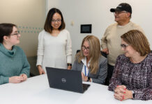 Equality starts with respect at Marcum LLP
TEAM PLAYERS: From left, Marcum LLP accounting services staffer Grace Mayer; certified public accountant and accounting services staffer Meng Zhang; marketing staffer Jody Eisner; Senior Billing Coordinator Paul Dean; and Administrative Services Manager Helena M. Venda collaborate on a project at the firm’s Providence office.
PBN PHOTO/TRACY JENKINS