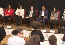 IN THE SPOTLIGHT: A panel discussion at Providence Business News’ Diversity Equity & Inclusion Summit and Awards event on Dec. 1 is led by Kevin Matta, center, human resources chief and diversity officer with the Amos House in Providence and board vice president of Diversity & Inclusion Professionals Inc. With him, from left, are Angela B. Ankoma, vice president of the Rhode Island Foundation’s Diversity, Equity and Inclusion Initiative; Shameen Awan, vice president of talent management and DE&I assistant vice president at Amica Mutual Insurance Co.; Doris De Los Santos, manager of the supplier diversity program at Blue Cross & Blue Shield of Rhode Island; Ken Gladney, executive director and manager of diversity, assets and wealth management at JPMorgan Chase & Co.; Shaweta Pandey, executive director of strategic diversity management at CVS Health Corp.; and Monika Soban, director of manufacturing and diversity, inclusion and belonging site lead at Amgen Rhode Island.  PBN PHOTO/MIKE SKORSKI  