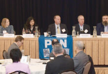 WORK-FOCUSED: Panelists lead a discussion at Providence Business News’ 2023 Workforce Development Summit on Feb. 16. The panel included, from left, Julie Matthew, Nina Pande, Bill Schmiedeknecht, Doug Sherman and Matthew Weldon.  PBN PHOTO/MIKE SKORSKI